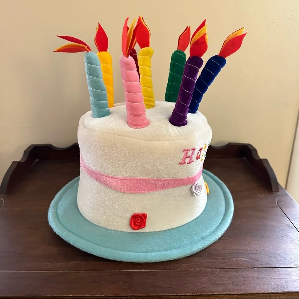 Plush Happy Birthday Cake Hat Aqua Rim White a cake Pink Ribbon Flowers Candle
